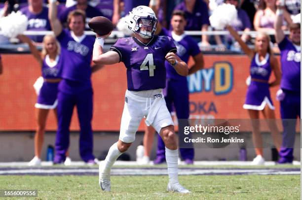 Chandler Morris of the TCU Horned Frogs throws against the Colorado Buffaloes during the second half at Amon G. Carter Stadium on September 2, 2023...