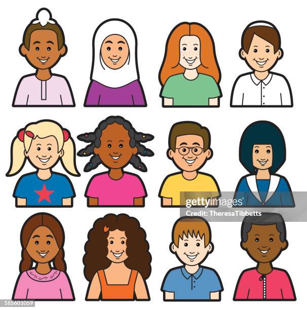 multi racial children - middle eastern girl stock illustrations