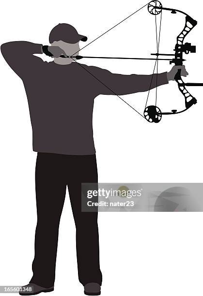 bow-hunter at full draw - bow arrow stock illustrations