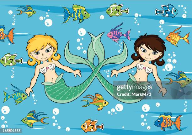 cute mermaid characters with fish - fantasy mermaid stock illustrations