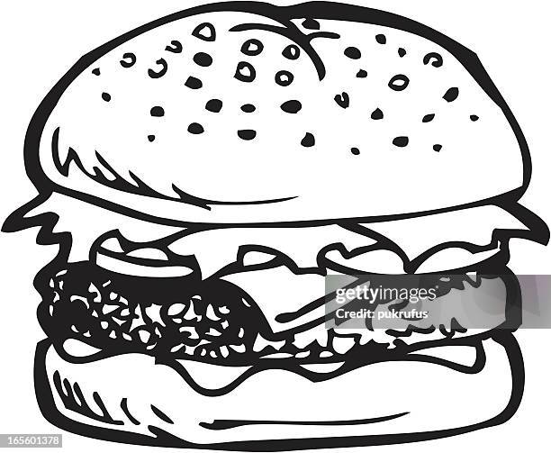 cheeseburger line art - burger stock-grafiken, -clipart, -cartoons und -symbole