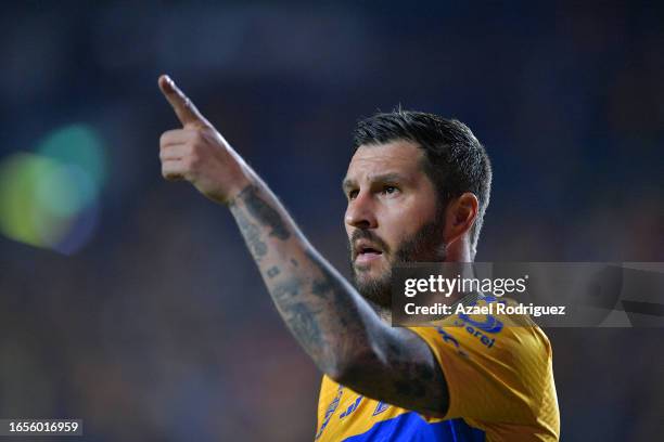 Andre-Pierre Gignac of Tigres celebrates after scoring the team's third goal via penalty during the 7th round match between Tigres UANL and Queretaro...