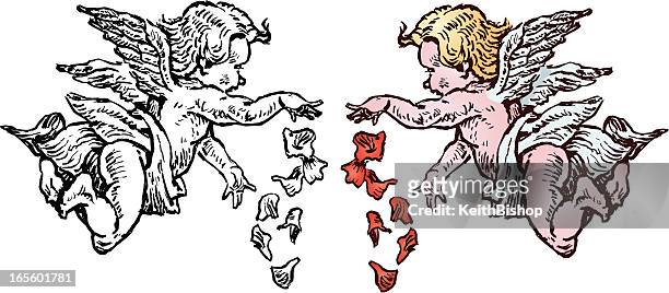 valentines cherubs dropping flowers - baby angel wings stock illustrations