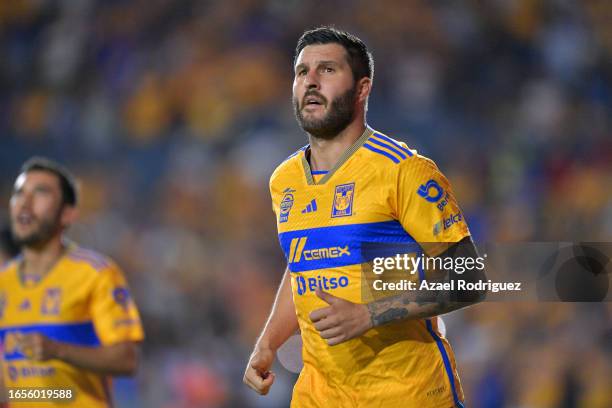 Andre-Pierre Gignac of Tigres celebrates after scoring the team's third goal via penalty during the 7th round match between Tigres UANL and Queretaro...