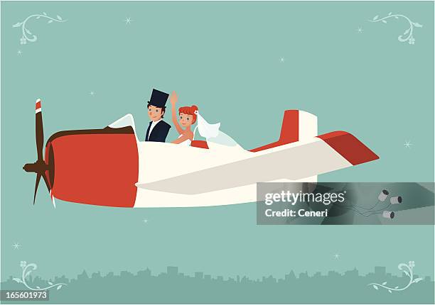 newlyweds flying a cute antique airplane - bridegroom stock illustrations