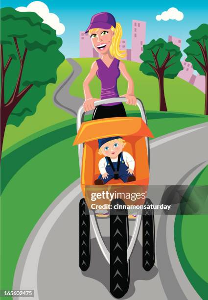 mother pushing stroller in the park - racewalking stock illustrations