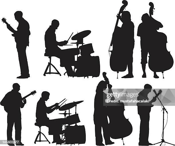 ilustraciones, imágenes clip art, dibujos animados e iconos de stock de conjunto de siluetas de músicos - percussion instrument