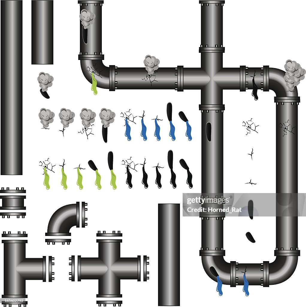 Icons of plumbing pipes, connections, and leaks