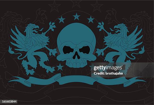 skull griffin crest - lion tattoo stock illustrations