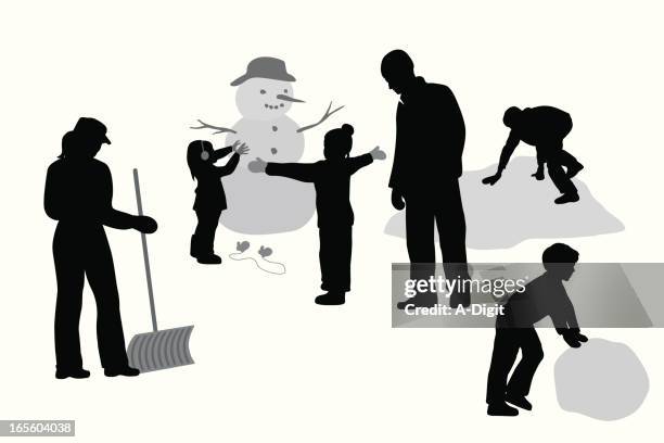 snow day vector silhouette - snowman family stock illustrations