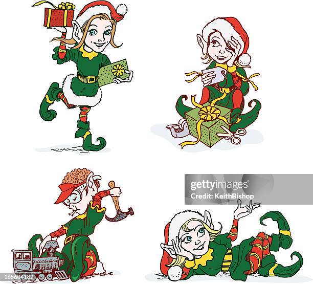 christmas elves - santa's helpers - toy train stock illustrations