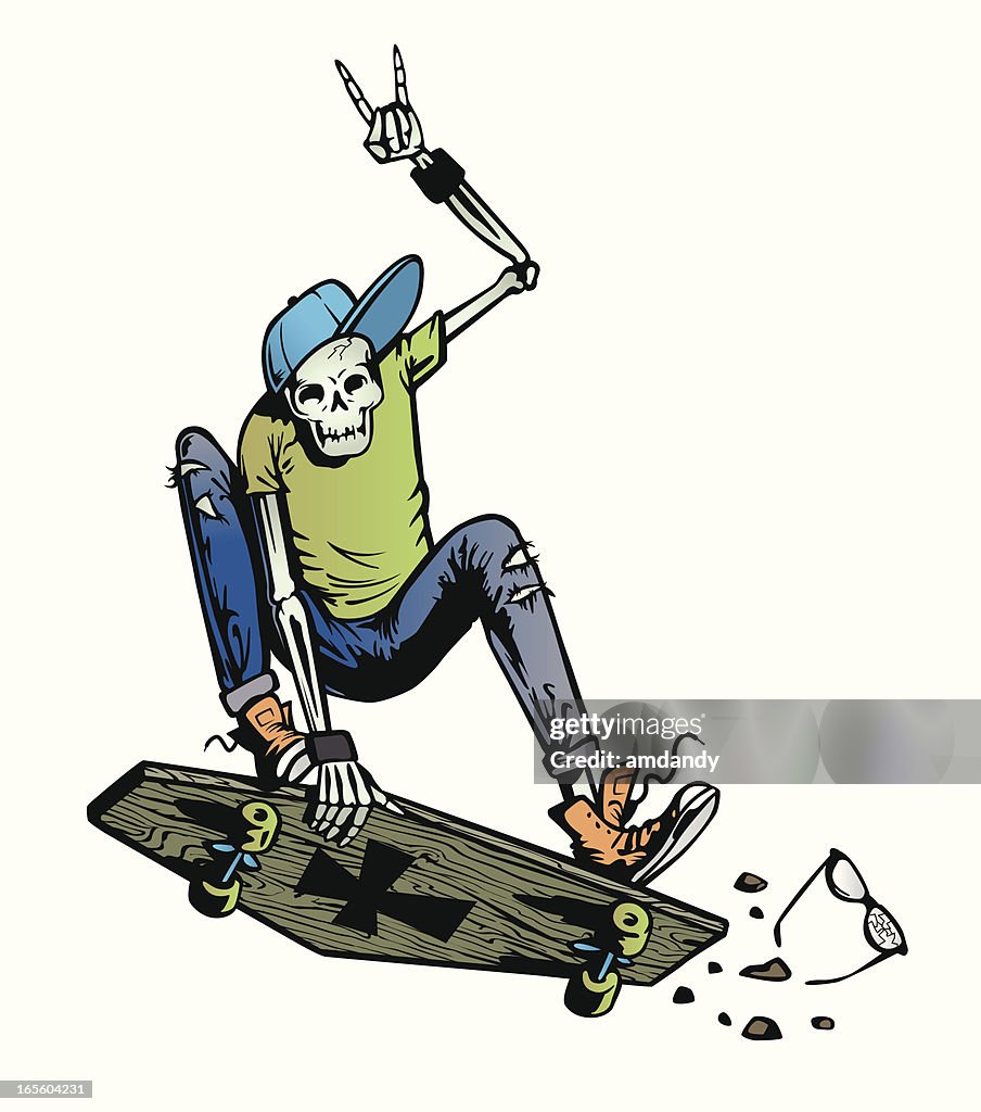 Skelett Skater auf einem Sarg skateboard