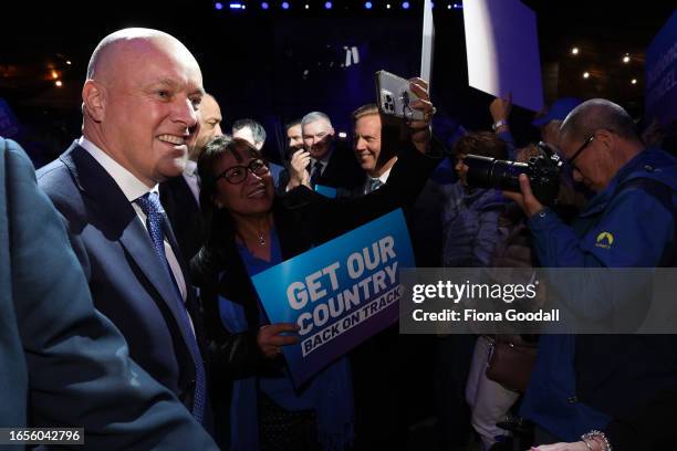 National leader Christopher Luxon greets supporters after his speech at the National Party election campaign launch at Manukau Events Centre on...