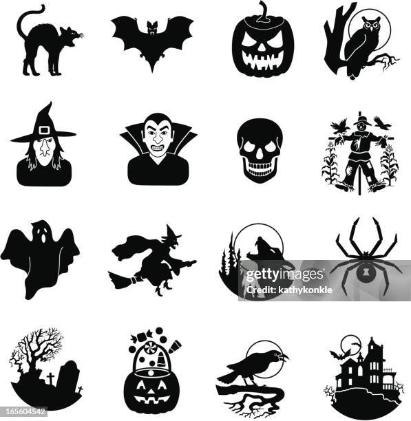 halloween black and white icons - howling stock illustrations