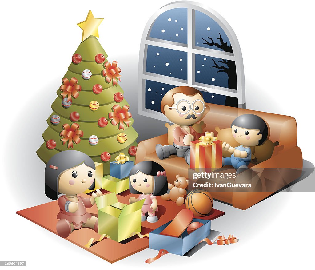 Family opening presents in christmas