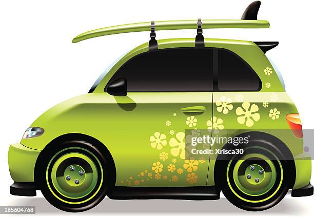 cute green car with surf board - tinted window stock illustrations