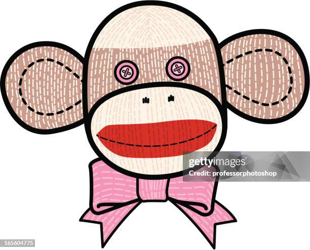 sock monkey face with pink bow tie - socks isolated stock illustrations