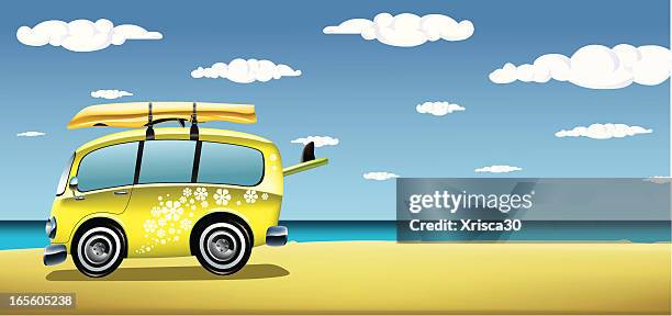 classic van on the beach - tinted window stock illustrations