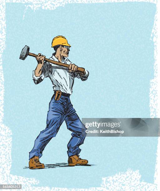 construction worker with sledge hammer and hard hat - sledgehammer stock illustrations