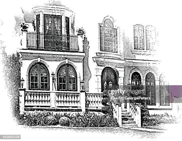 elegant stone home with topiary - front steps stock illustrations