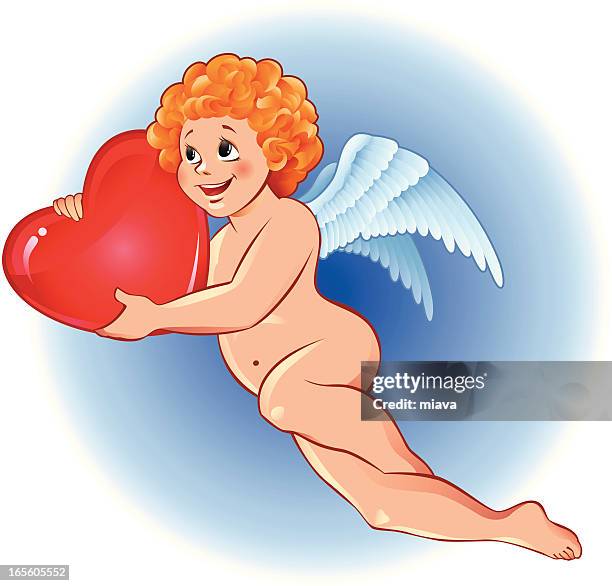 cupid with a heart in hands - baby angel wings stock illustrations