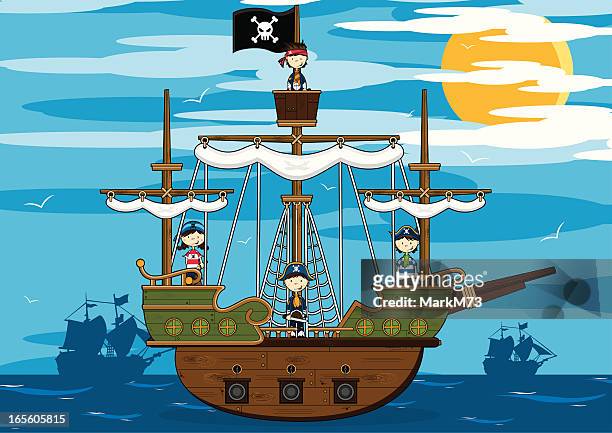 pirates on pirate ship - galleon stock illustrations