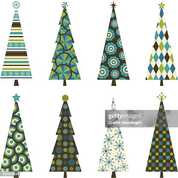 retro patterned christmas trees - green argyle stock illustrations