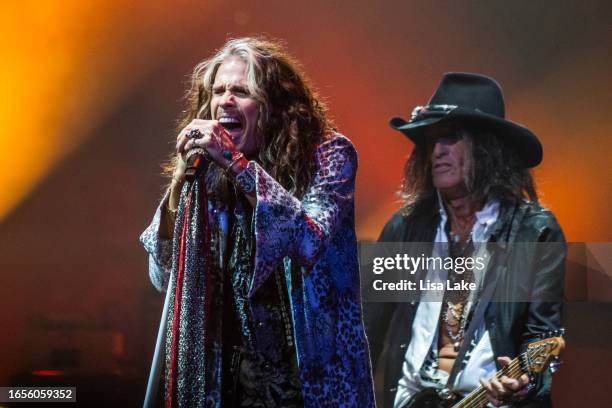 Steven Tyler and Joe Perry of Aerosmith perform live on stage at the Wells Fargo Center on September 02, 2023 in Philadelphia, Pennsylvania.