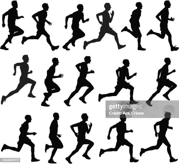 stockillustraties, clipart, cartoons en iconen met male runners in silhouette profiles - multiple image