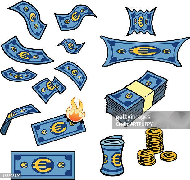 ilustraciones, imágenes clip art, dibujos animados e iconos de stock de euro dólares obras de arte - fajo de billetes de euro