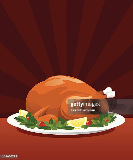 stockillustraties, clipart, cartoons en iconen met delicious whole turkey set on a large platter - kalkoen