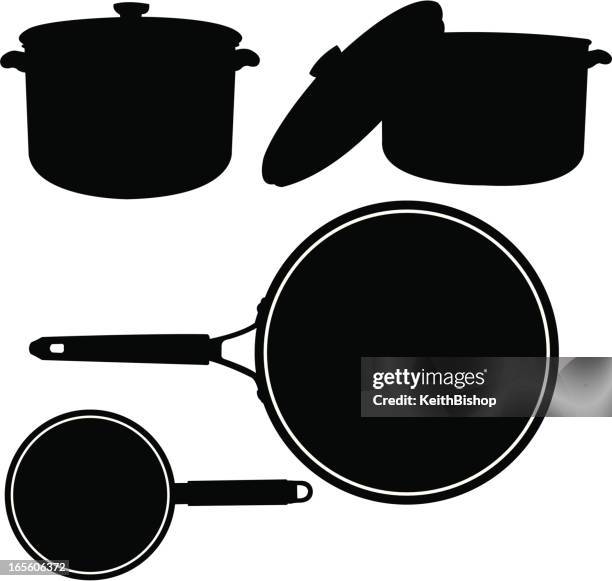 pots, pans kitchen equipment - frying pan stock illustrations