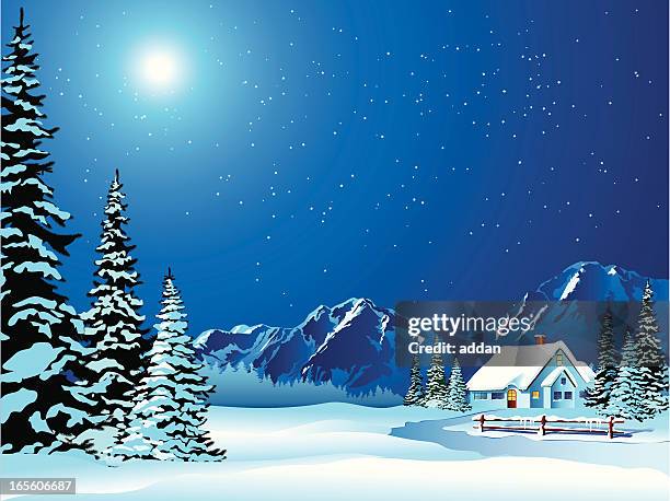 comic winter landschaft von hütte im schnee bedeckt - berge schnee stock-grafiken, -clipart, -cartoons und -symbole
