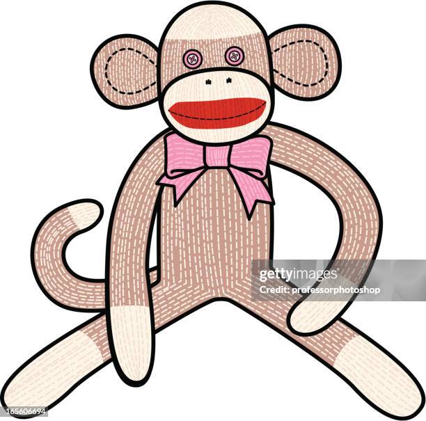 sock monkey wearing a pink tie - monkey isolated stock illustrations