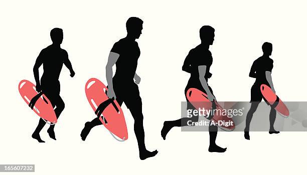 lifeguard running vector silhouette - swimming float stock illustrations