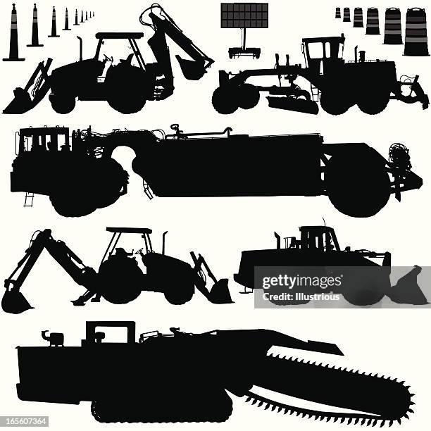 illustrations, cliparts, dessins animés et icônes de équipement de construction ensemble de la silhouette - niveleuse