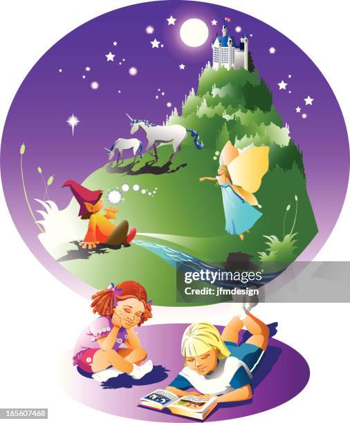 reading is good for imagination - fairytale castle stock illustrations