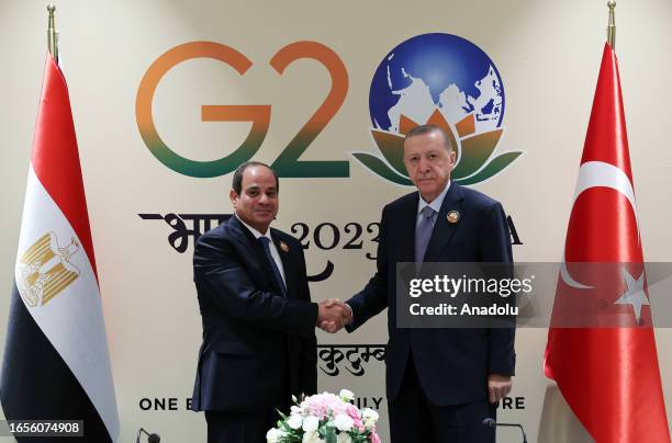 Turkish President Recep Tayyip Erdogan meets with Egyptian President Abdel Fattah Al-Sisi as part of the G20 Leaders' Summit in New Delhi, India on...