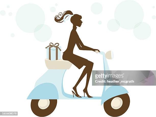 stockillustraties, clipart, cartoons en iconen met vespa girl - girl riding scooter