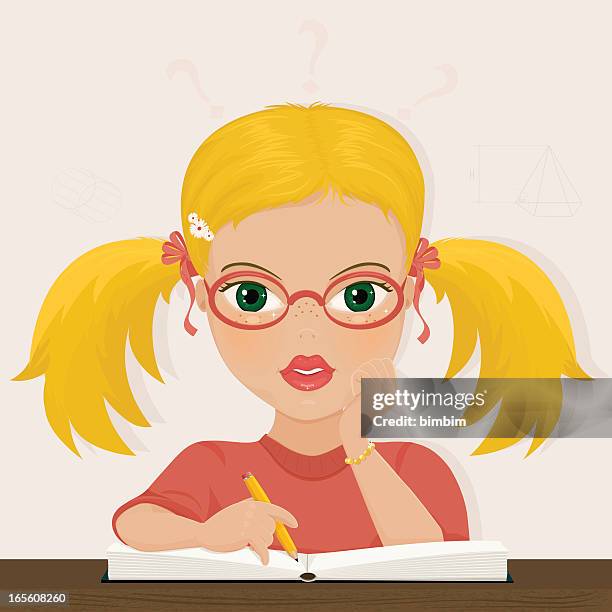 pigtails in science land - girl blonde hair with glasses stock illustrations