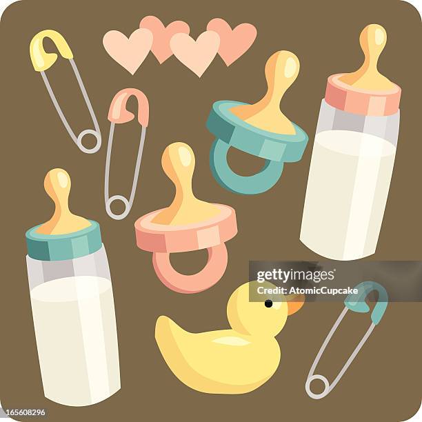 baby extras: flasche, schnuller, rubber ducky, sicherheitsnadel - milchflasche stock-grafiken, -clipart, -cartoons und -symbole