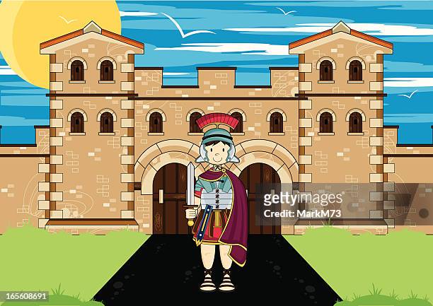 roman soldier guarding fort - roman soldier cartoon stock illustrations