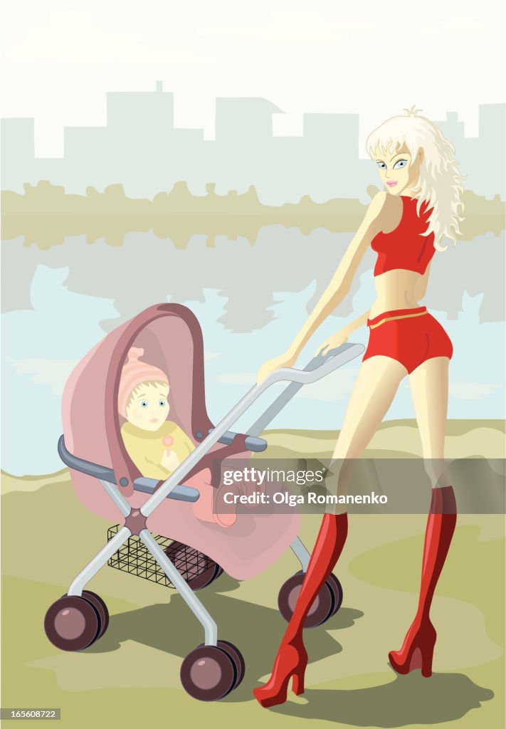 Young mummy with baby on the walk