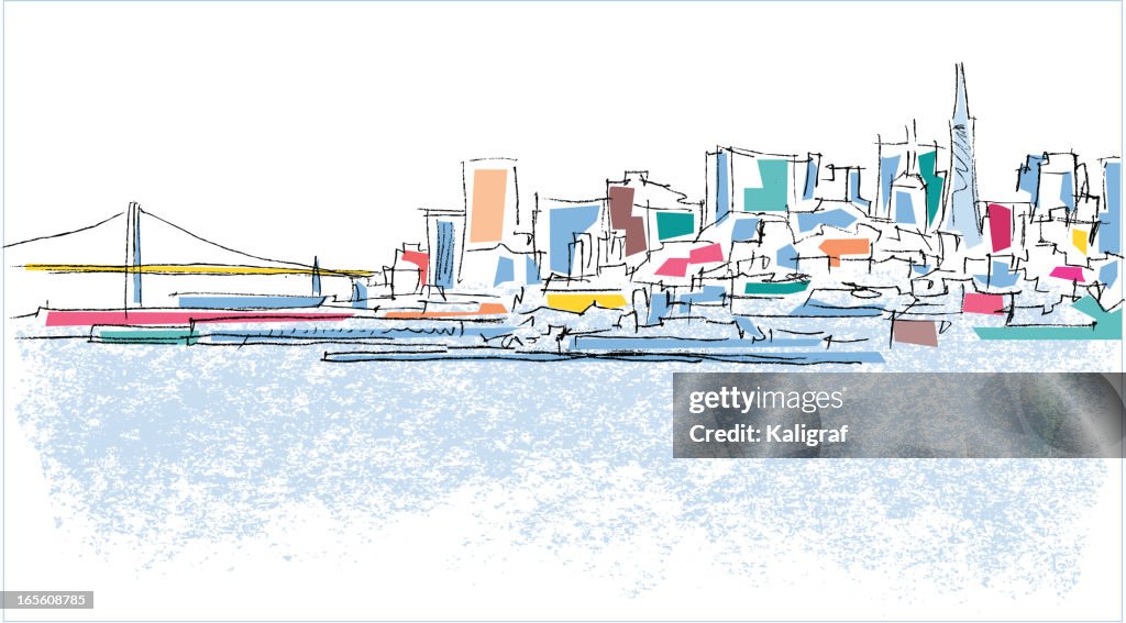 A simplistically colored outline of a city scape