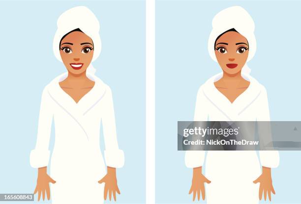 attractive young woman wearing bath robe - bathrobe stock illustrations