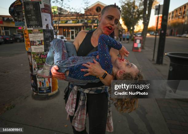 Participants during the 2023 edition of the Zombie Walk, which took place exclusively on Whyte Avenue, on September 9 in Edmonton, Alberta, Canada.