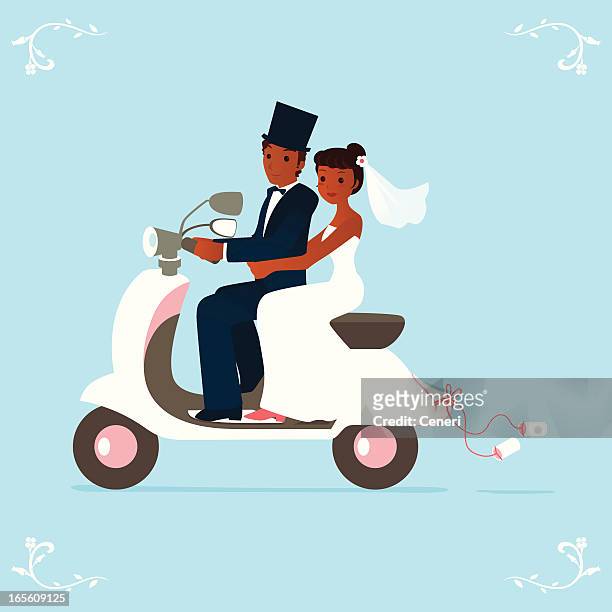illustrations, cliparts, dessins animés et icônes de jeunes mariés jeunes mariés sur un scooter - bride dress