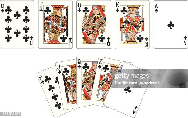 club anzug zwei royal flush spielkarten - buchstabe q stock-grafiken, -clipart, -cartoons und -symbole