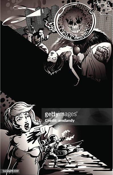 ilustraciones, imágenes clip art, dibujos animados e iconos de stock de estilo vintage película póster de extranjería capturar miedo mujeres - voluptuous