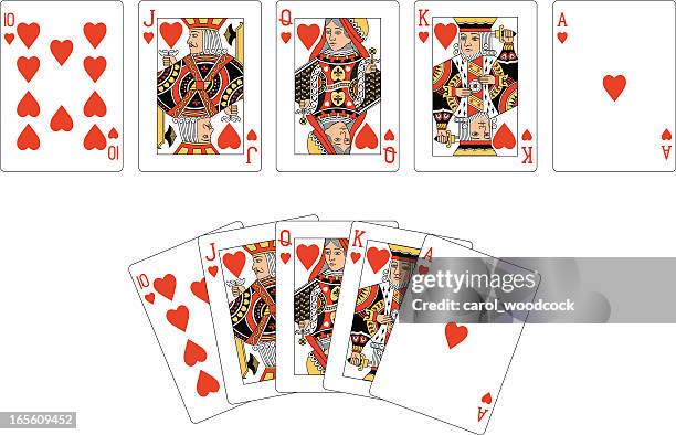 ilustraciones, imágenes clip art, dibujos animados e iconos de stock de corazón de la ciudad, a dos escalera real naipes - poker cards